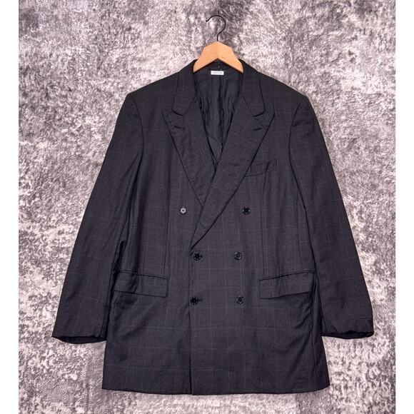 Vintage Brioni Double Breasted Blazer 42 L Long Men Gray Wool Flannel Windowpane